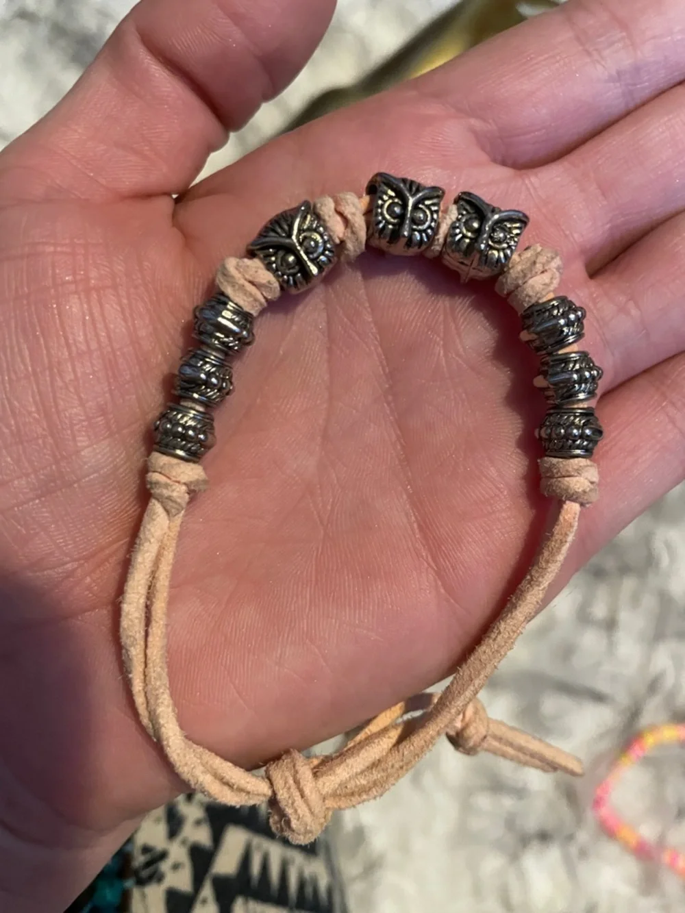 Boho Owl Beaded Suede Tie Bracelet - Pale Pink